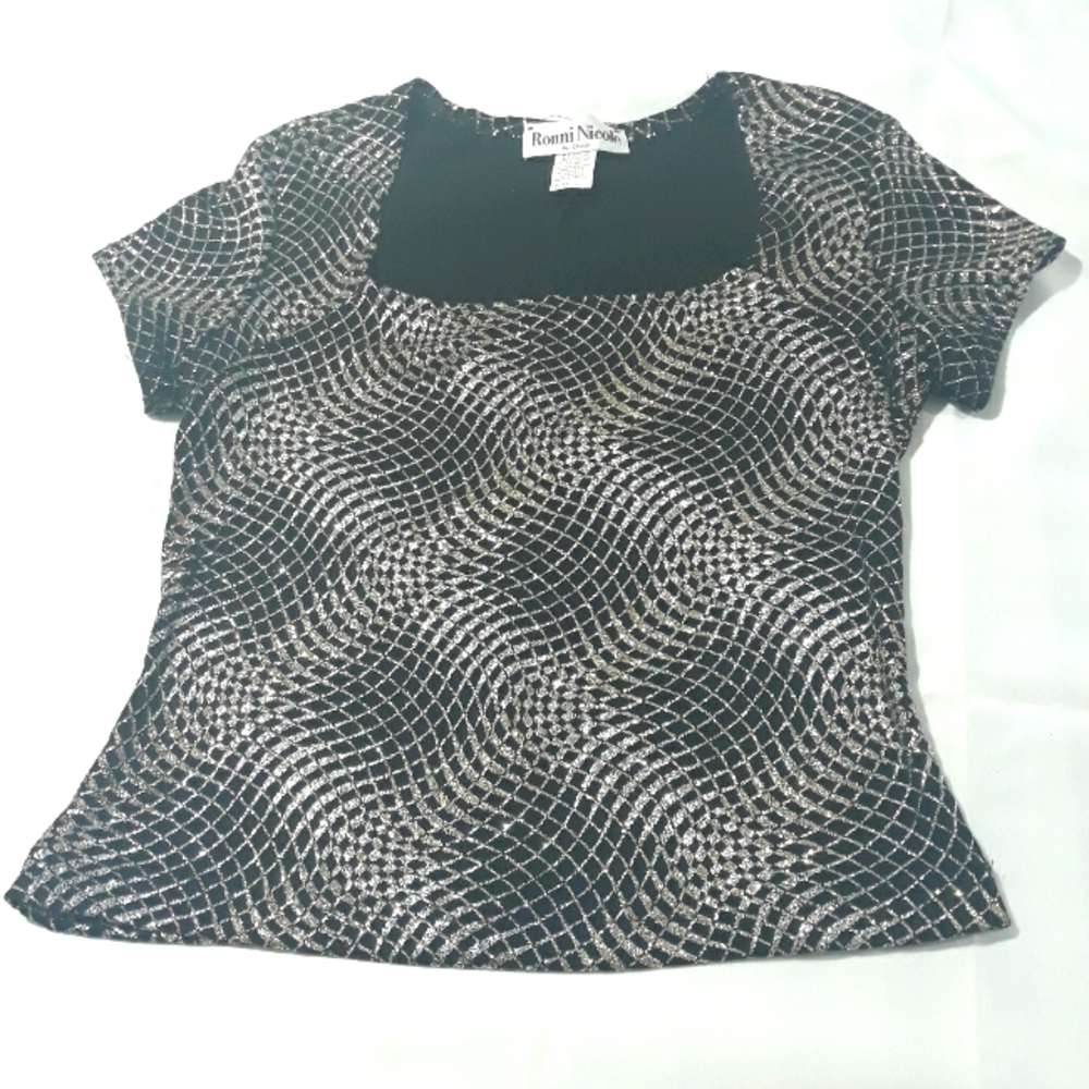 Ronni Nicole Sparkly Black and Gold Square NecklineTop Short Sleeve Size Large